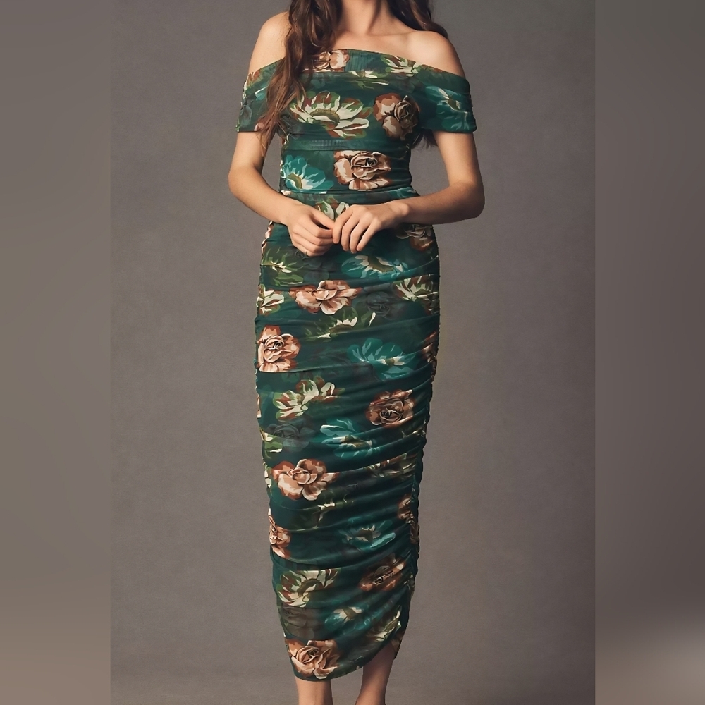 BHLDN Off-Shoulder Gathered Stretch Mesh Slim Midi Dress, Green Pattern, $268.00